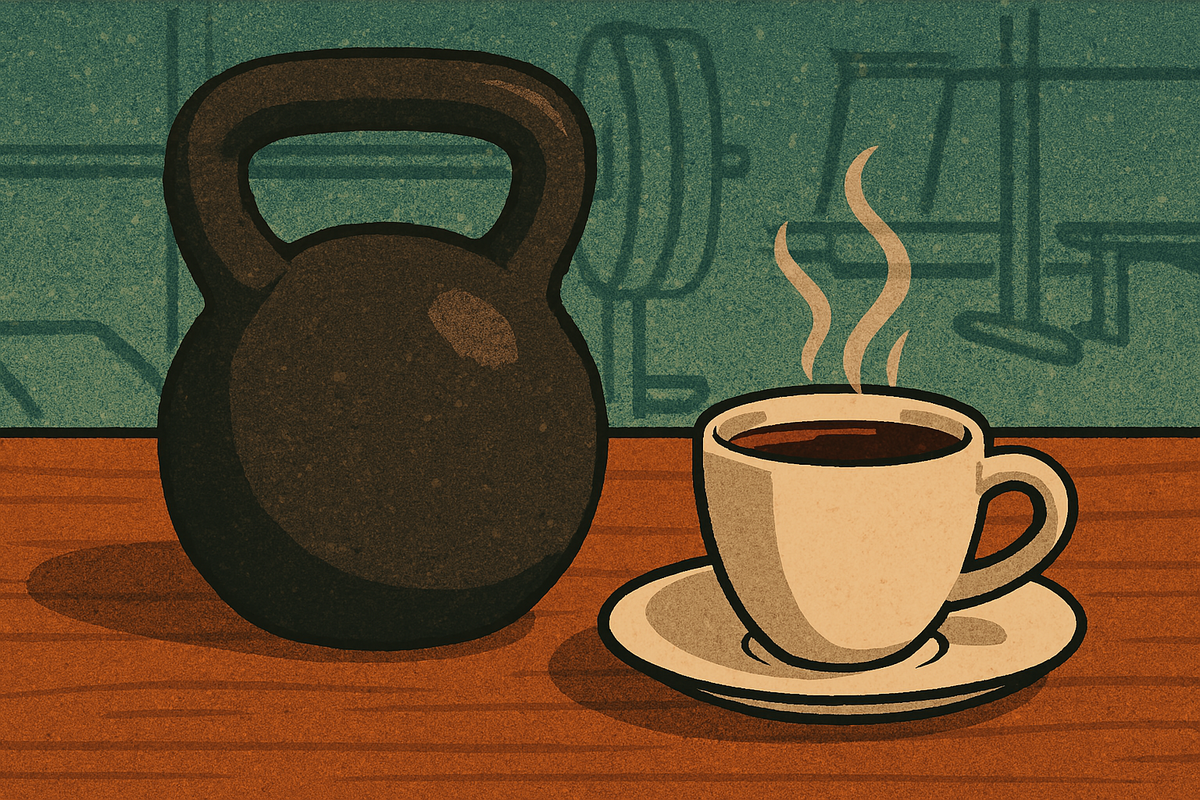 cartoon of kettlebell and cup of coffee