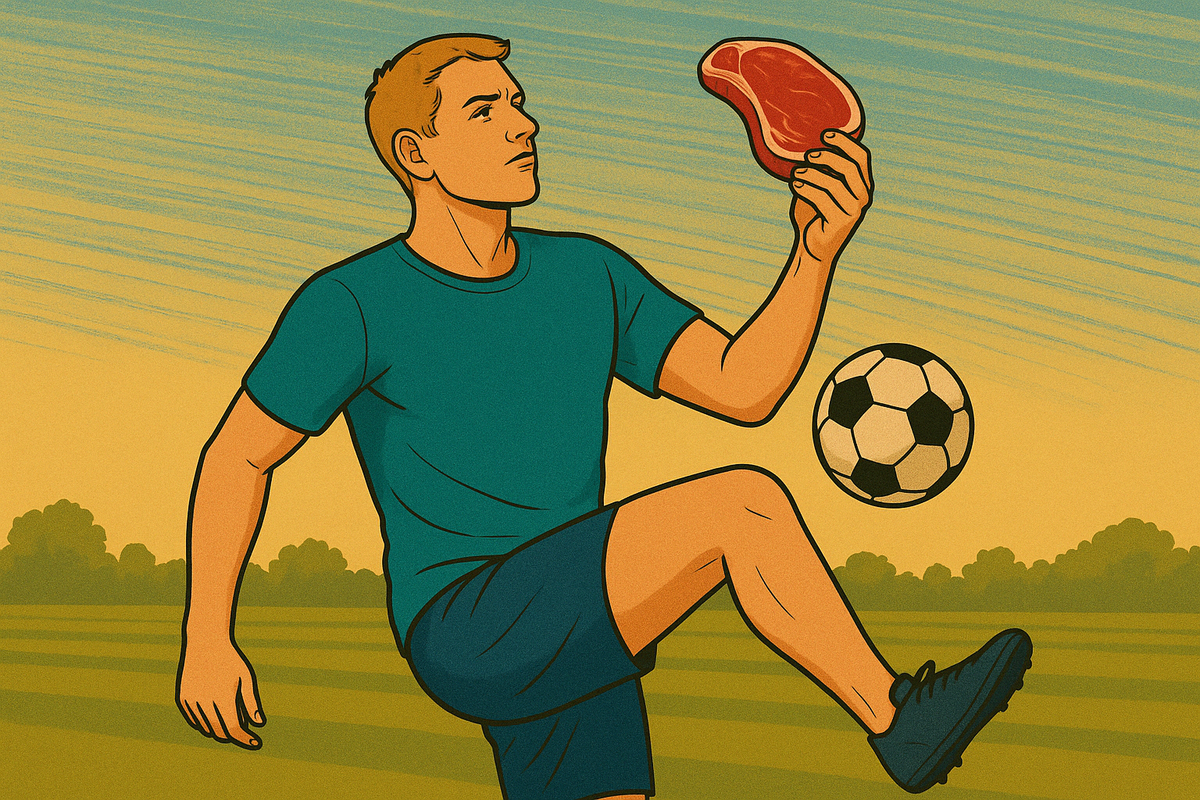 cartoon of a man kicking a soccer ball while eating a steak