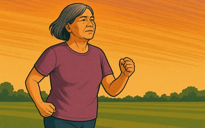 cartoon of an older person walking outside