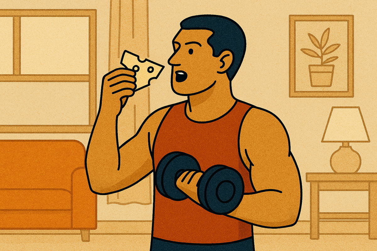 cartoon of person eating cheese and lifting weights
