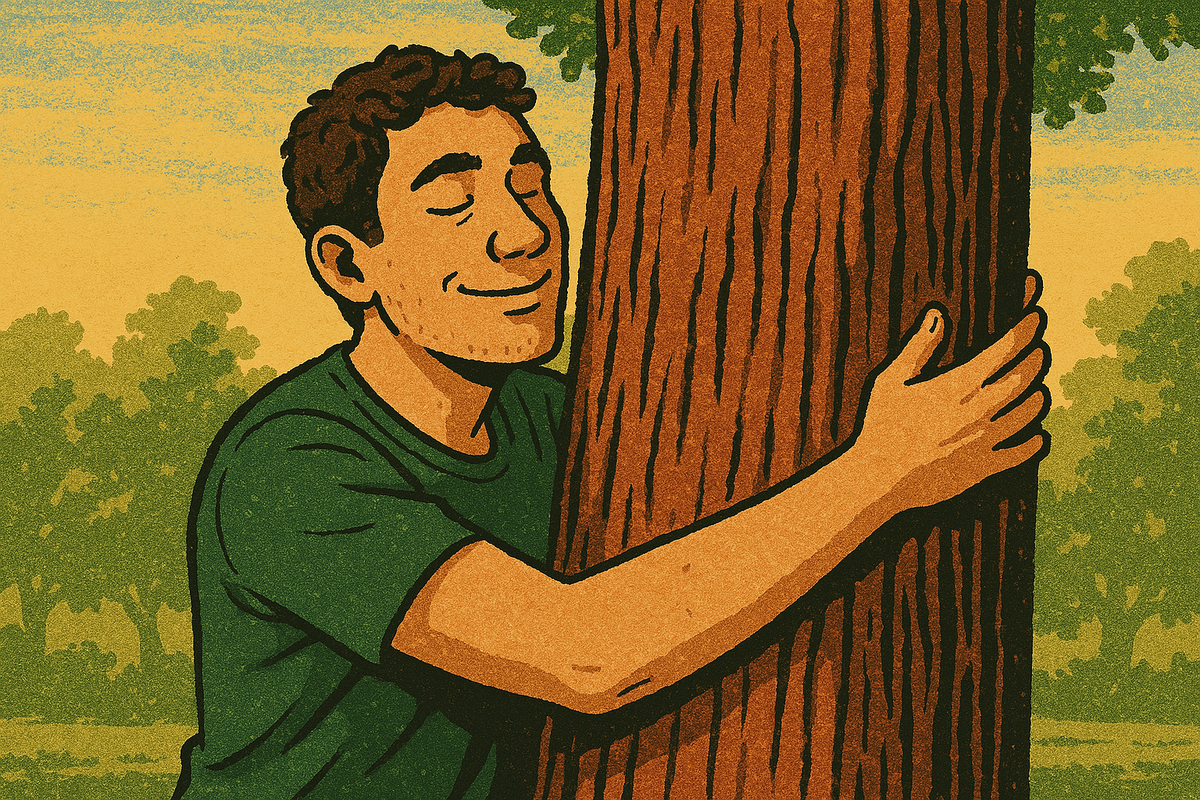 cartoon of person hugging a tree